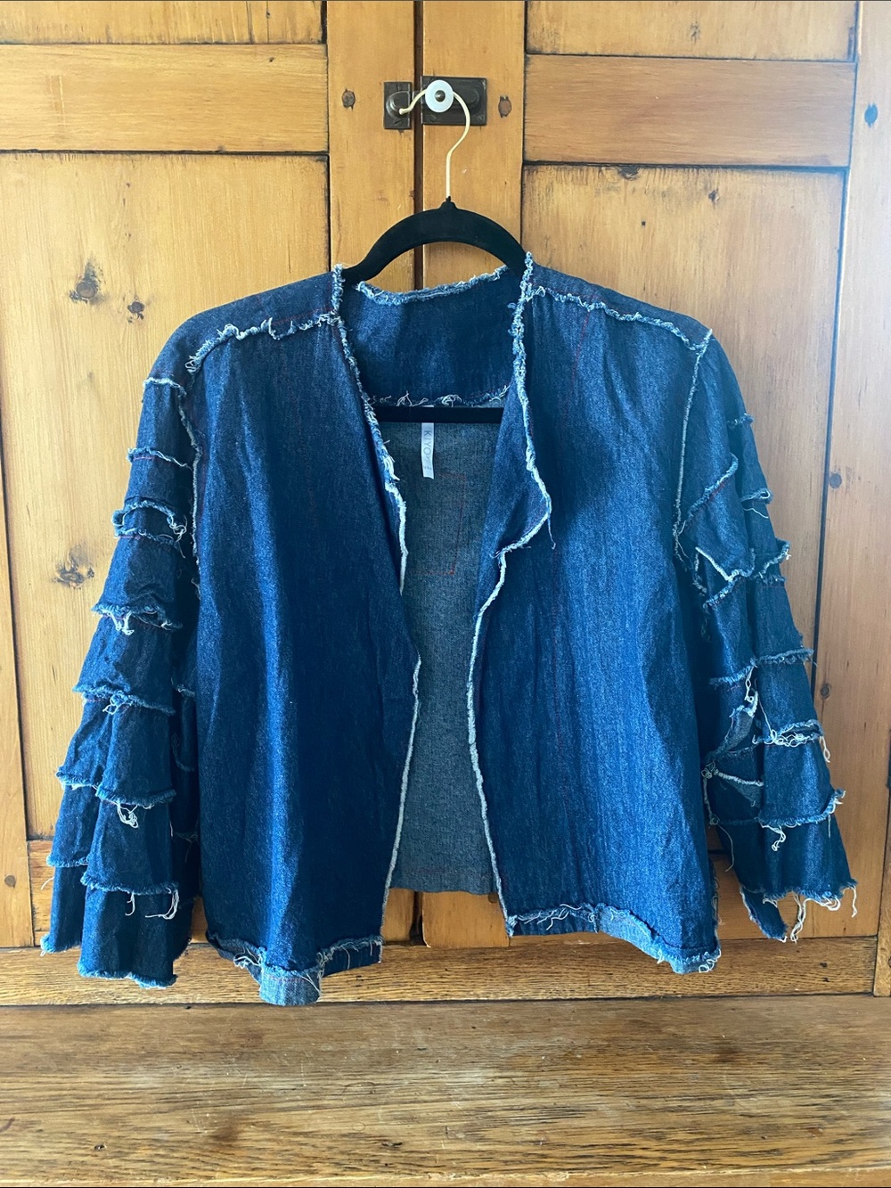 Denim Open-Front Jean Jacket with Ruffle Sleeve Detail - Dark Blue